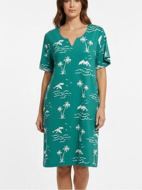 NWT! Links Tropical Print Cotton Short Sleeve Dress, SMALL